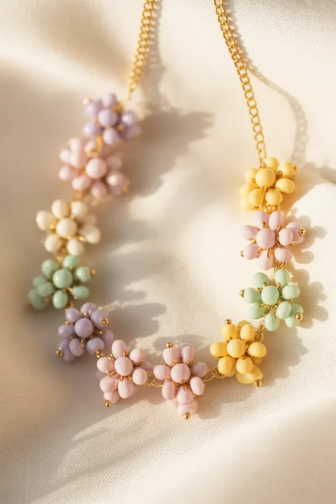 Beaded Pastel Flower Charm Necklace