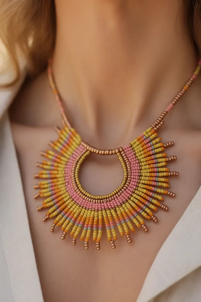 Beaded Sunburst Statement Pendant Necklace