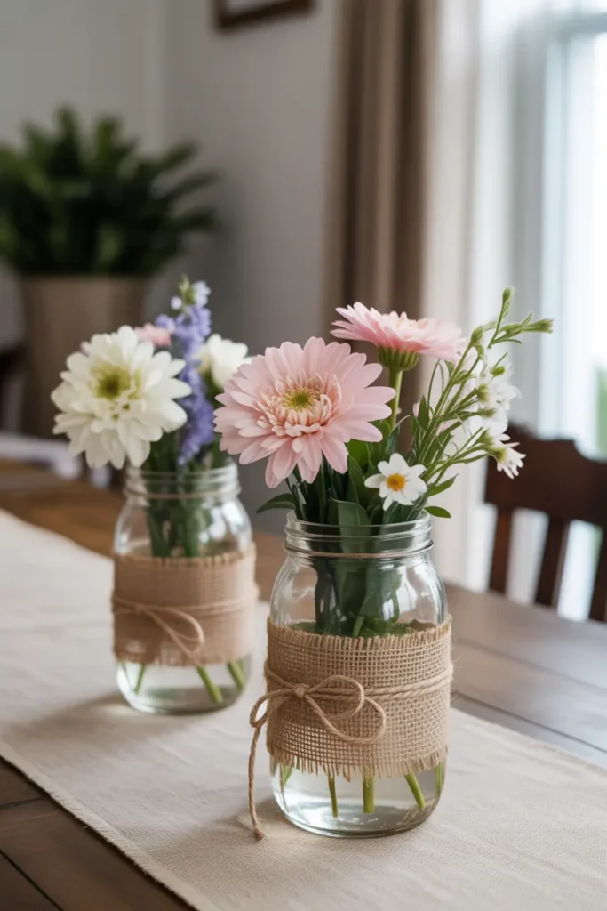 Burlap Mason Jar Vases