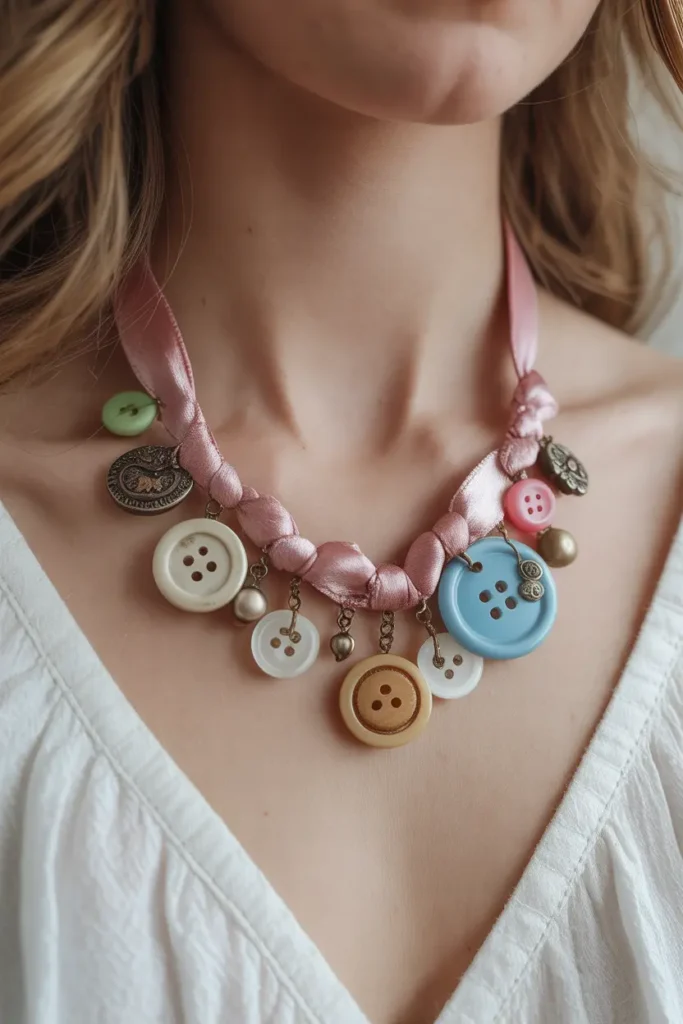 Button & Ribbon Vintage Charm Necklace