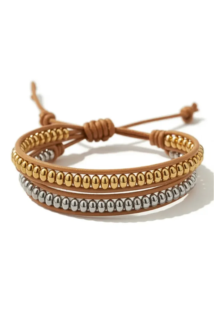 Leather Wrap Bracelet With Metallic Accents