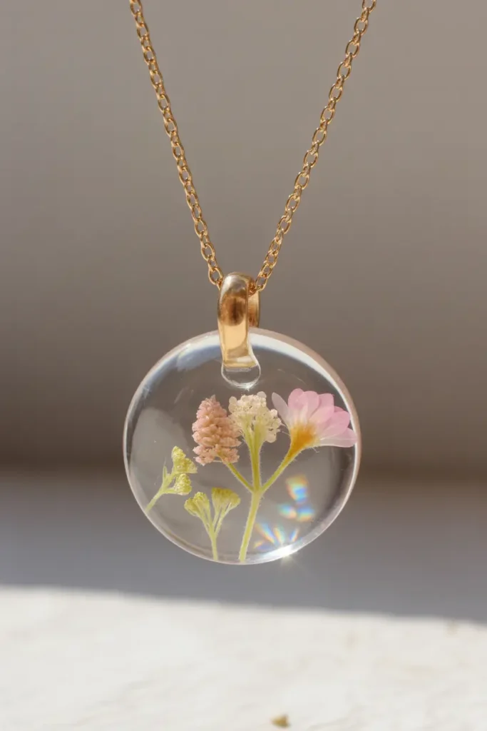 Resin Pressed Flower Pendant Necklace