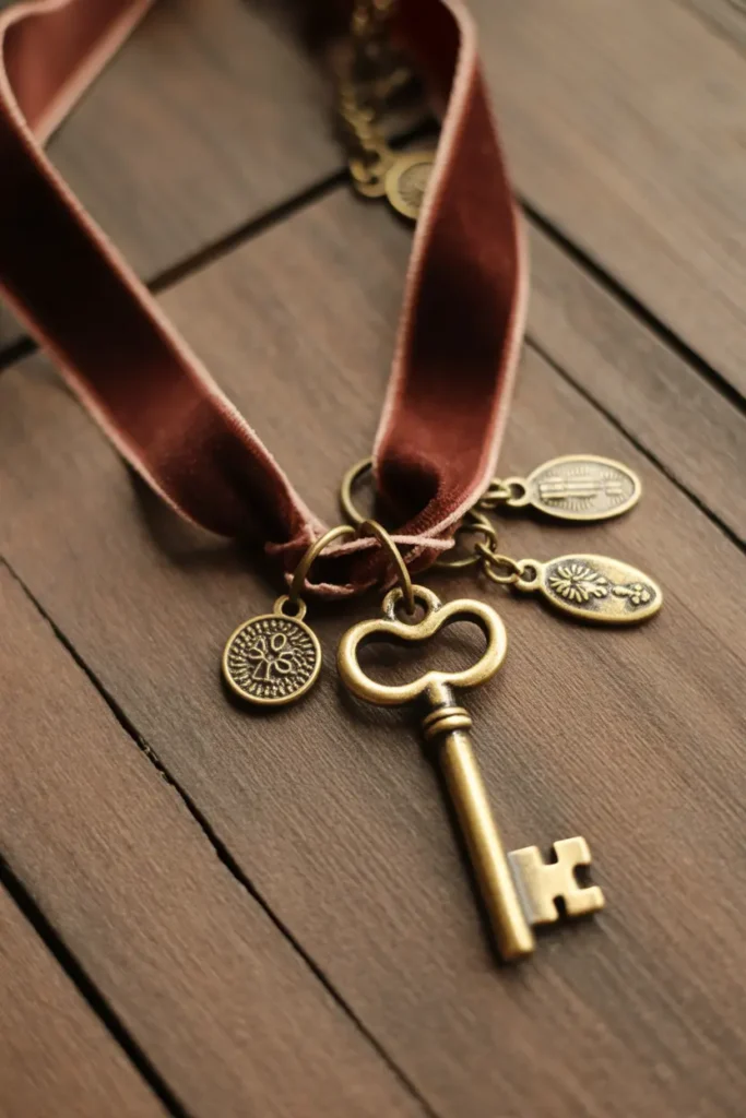 Vintage Key & Ribbon Charm Necklace