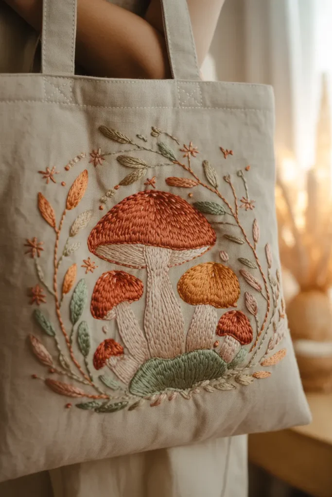 Cottagecore Embroidered Mushroom Tote