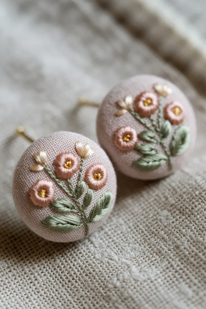 Embroidered Fabric Button Earrings