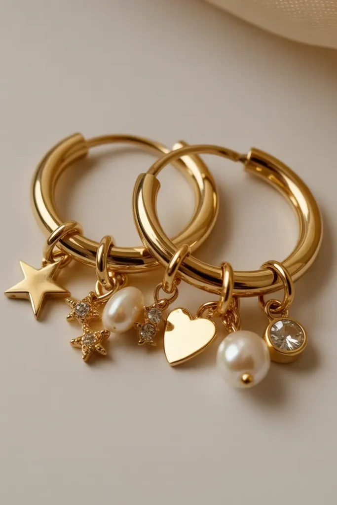 Gold Hoop With Charms Earrings
