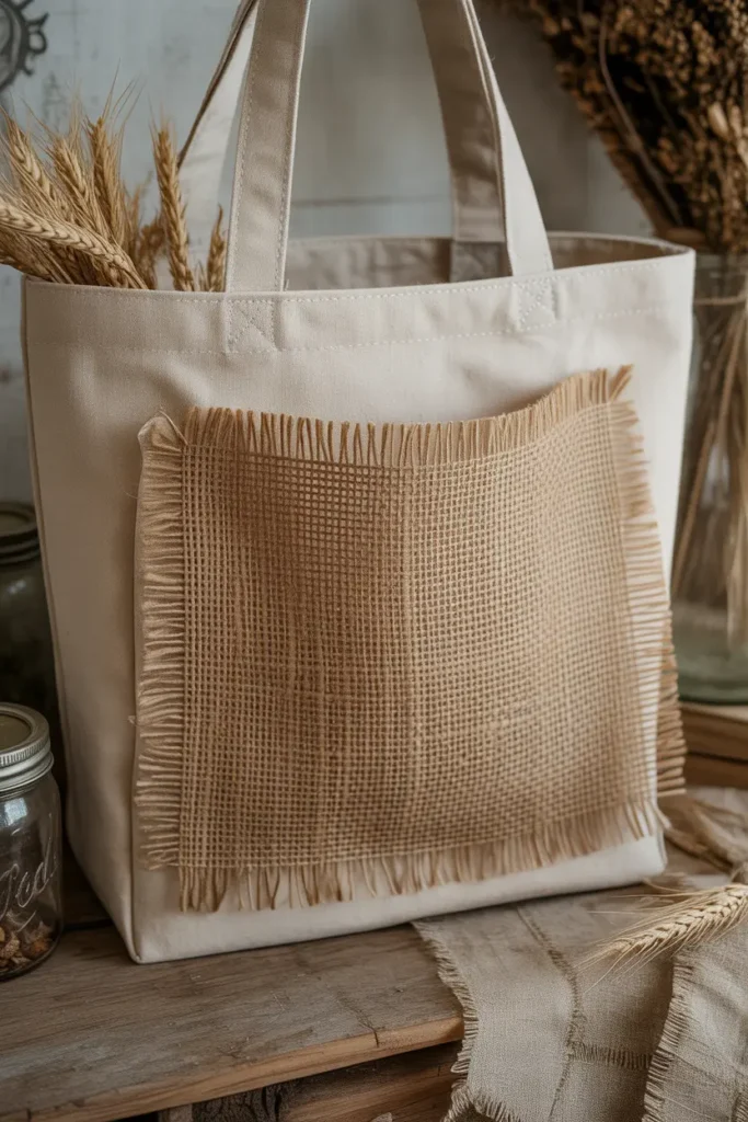 Rustic Burlap Pocket Tote