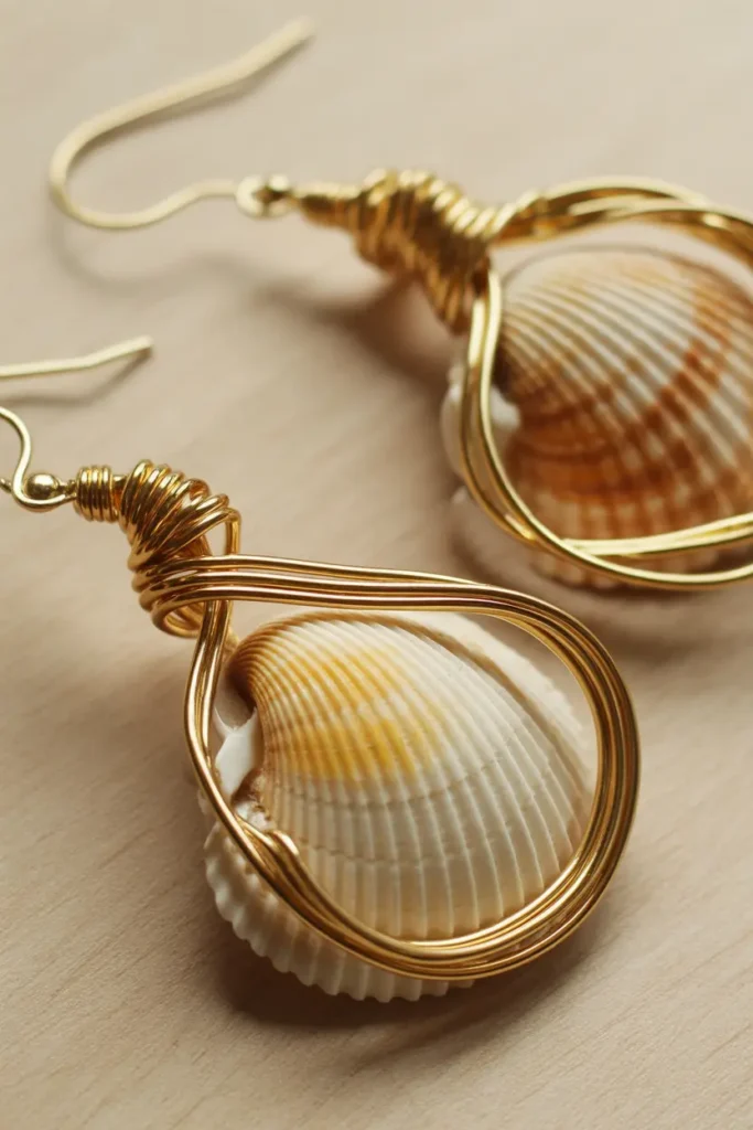 Seashell & Gold Wire Wave Earrings