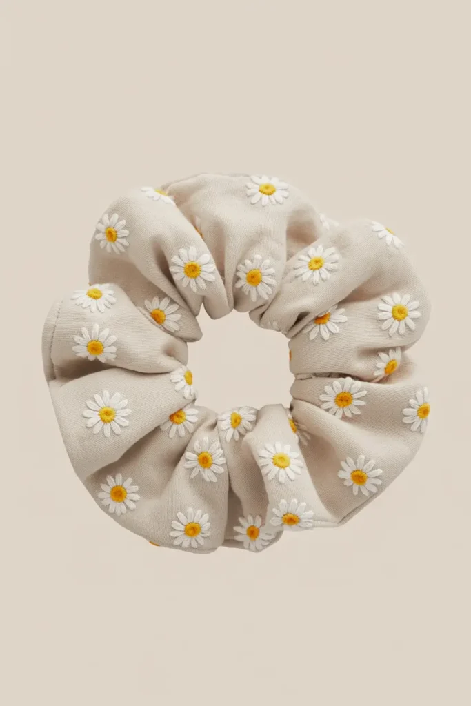 Spring Daisy Embroidered Scrunchie